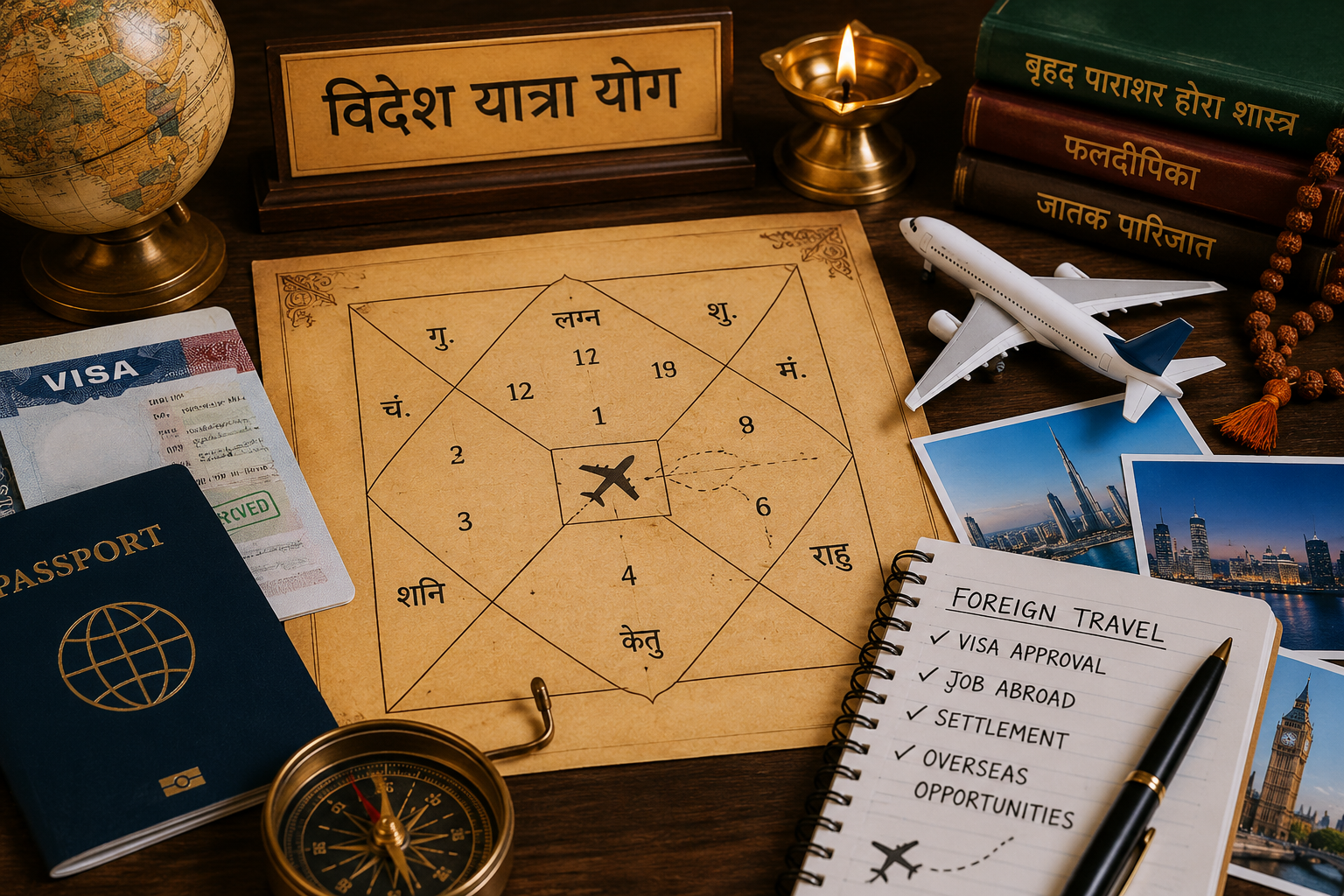 Foreign travel astrology setup with passport, visa, airplane model, horoscope chart, and travel guidance items by Maruthi Guruji.