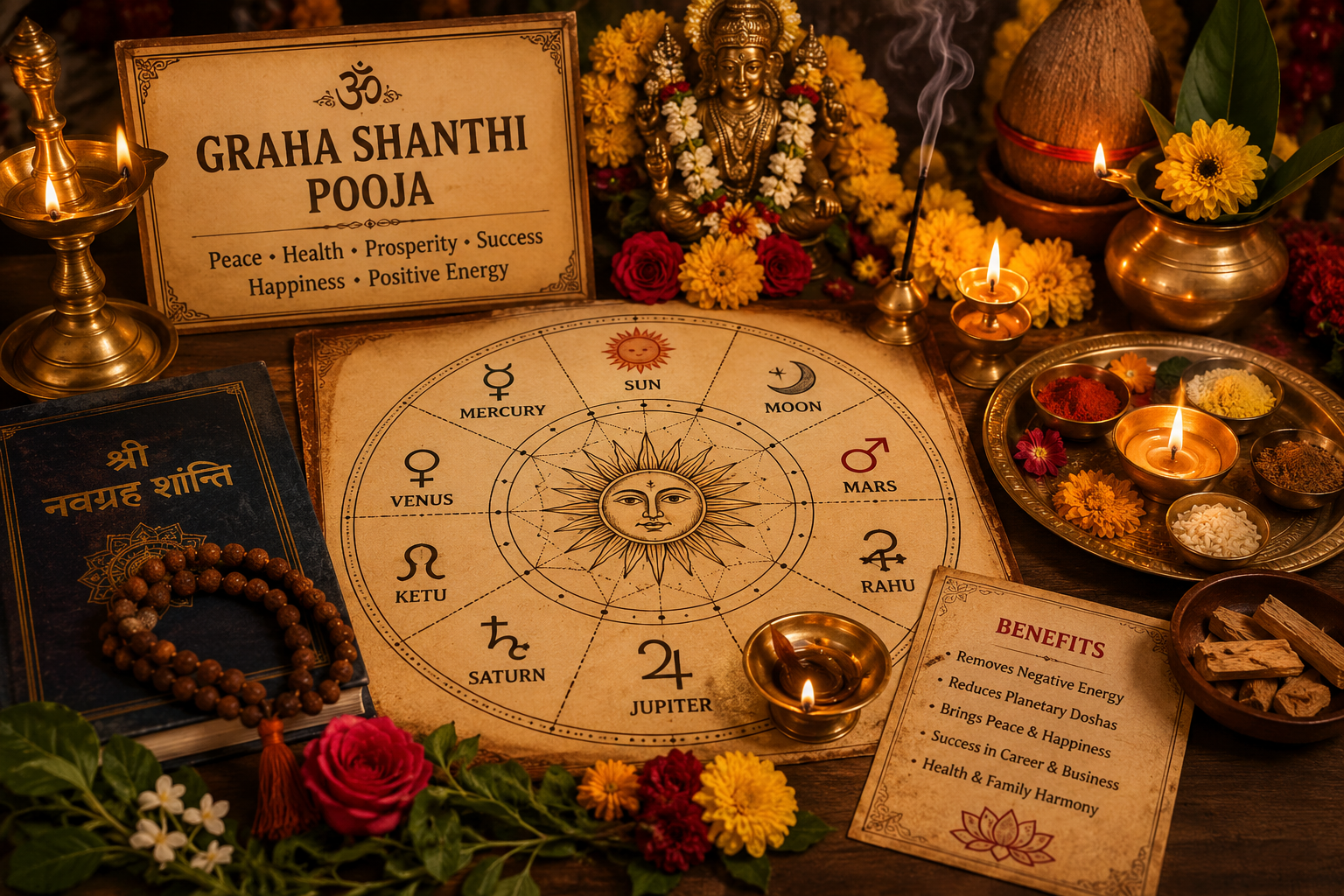 Graha Shanthi Pooja setup with Navagraha chart, diya, flowers, and spiritual items for planetary dosha remedies by Maruthi Guruji.