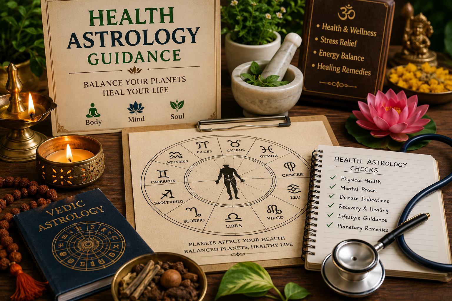 Health astrology guidance setup with horoscope chart, healing symbols, stethoscope, candles, and wellness remedies by Maruthi Guruji.
