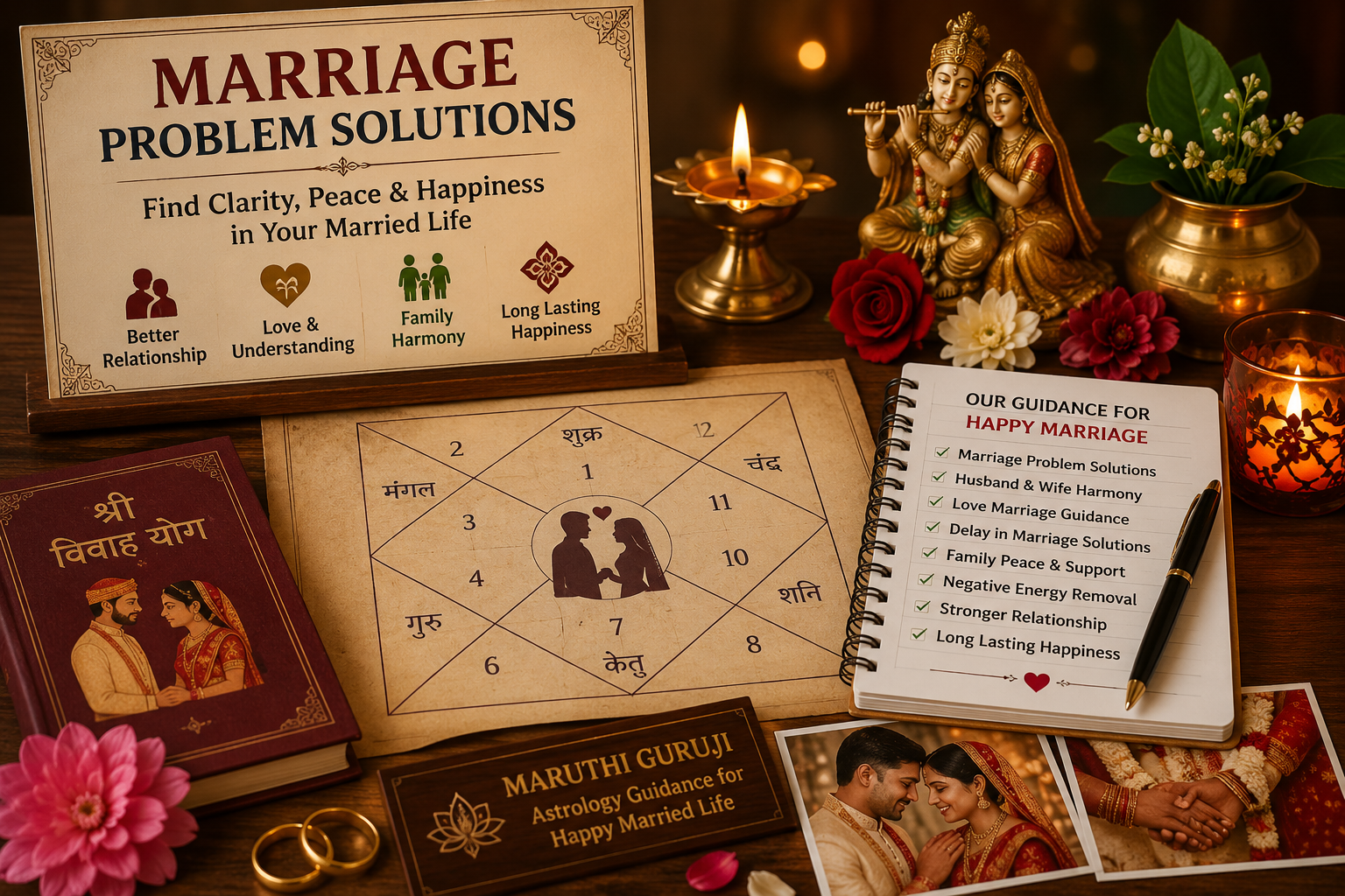 Marriage problem solution astrology setup with kundli chart, couple symbols, candles, flowers, and relationship guidance by Maruthi Guruji.