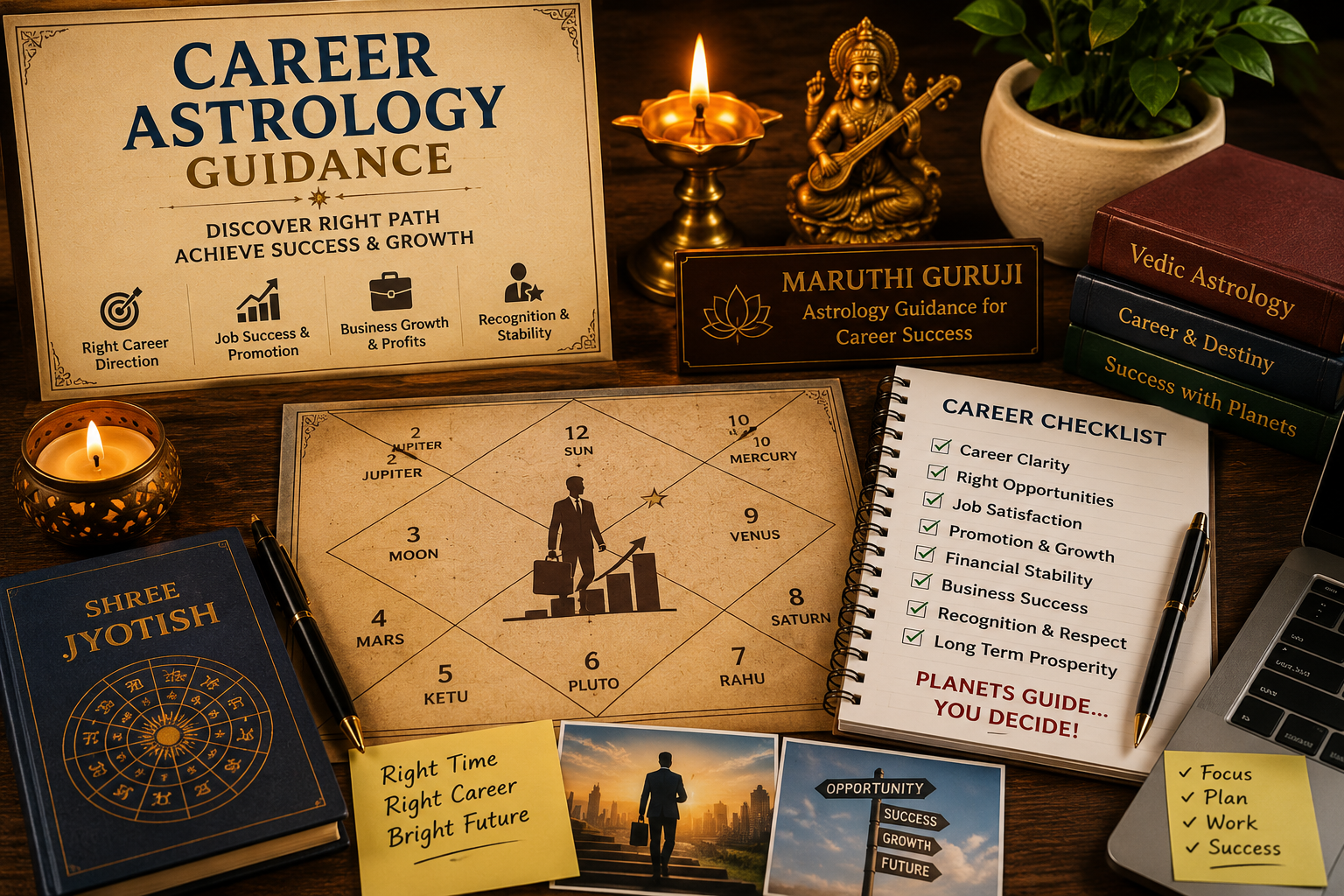 Career astrology guidance setup with horoscope chart, career checklist, laptop, candles, and success planning by Maruthi Guruji.