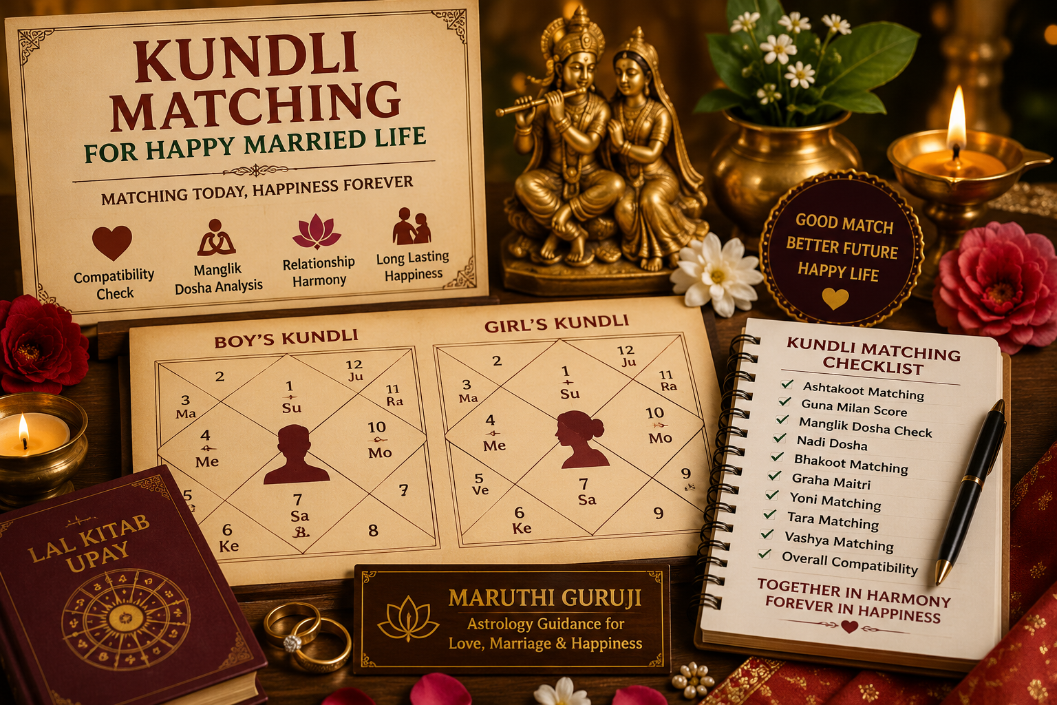 Kundli matching astrology setup with boy and girl horoscope charts, compatibility checklist, rings, candles, and marriage guidance by Maruthi Guruji.