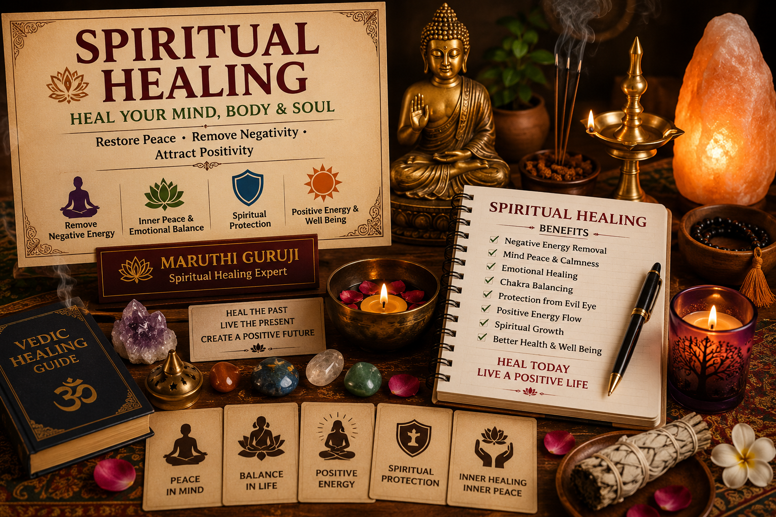 Spiritual healing setup with candles, crystals, meditation symbols, incense, and positive energy guidance by Maruthi Guruji.