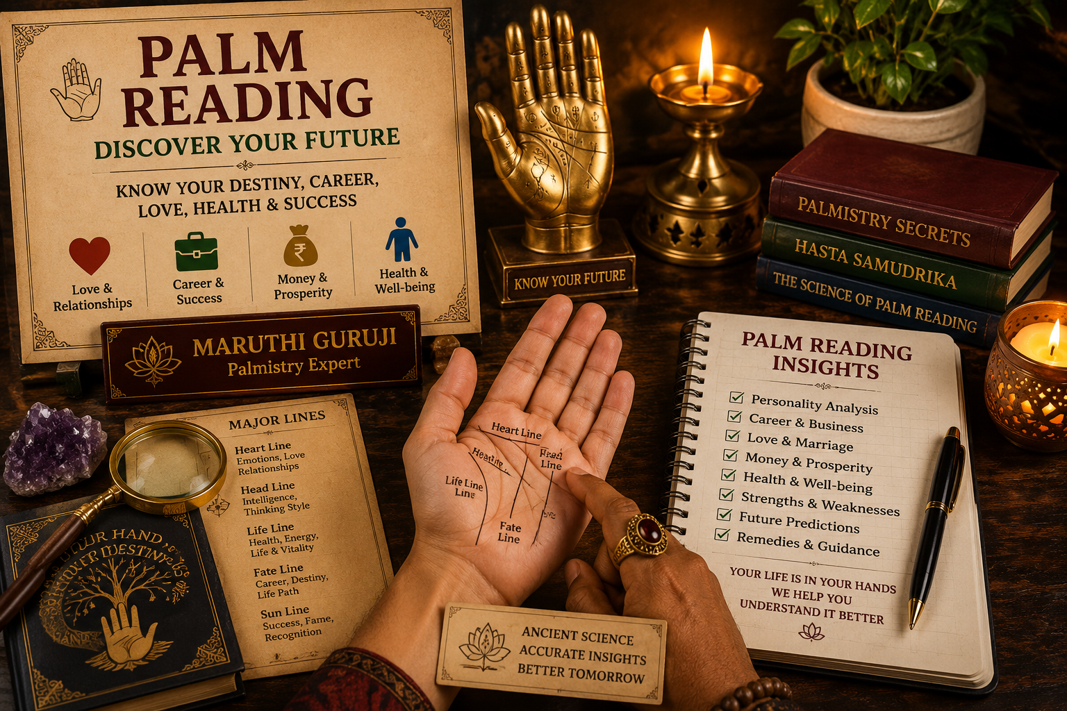 Palm reading astrology setup with hand lines, palmistry chart, candles, crystals, and future prediction guidance by Maruthi Guruji.