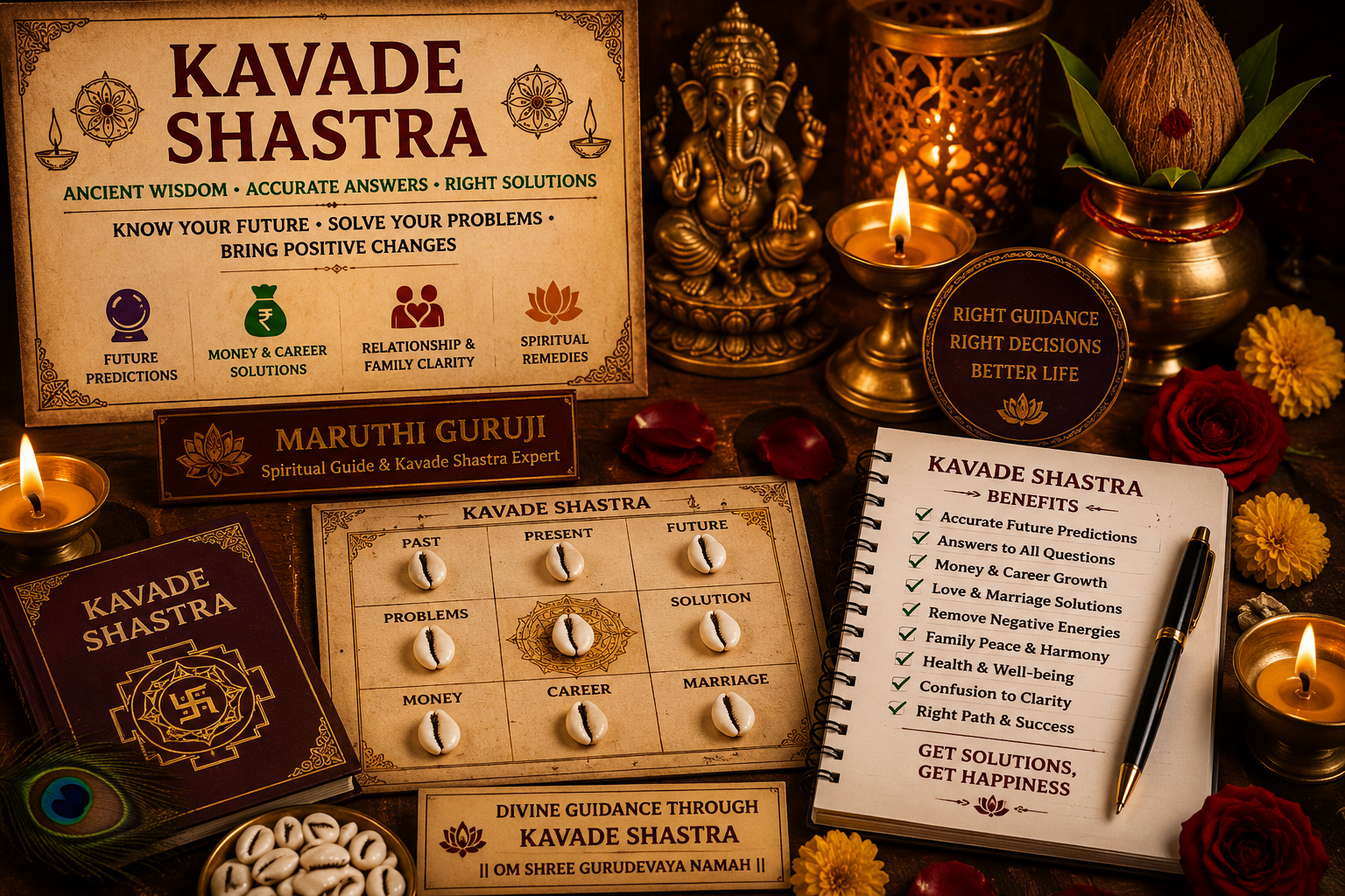 Kavade Shastra setup with sacred cowrie shells, spiritual remedies, candles, horoscope guidance, and future prediction tools by Maruthi Guruji.