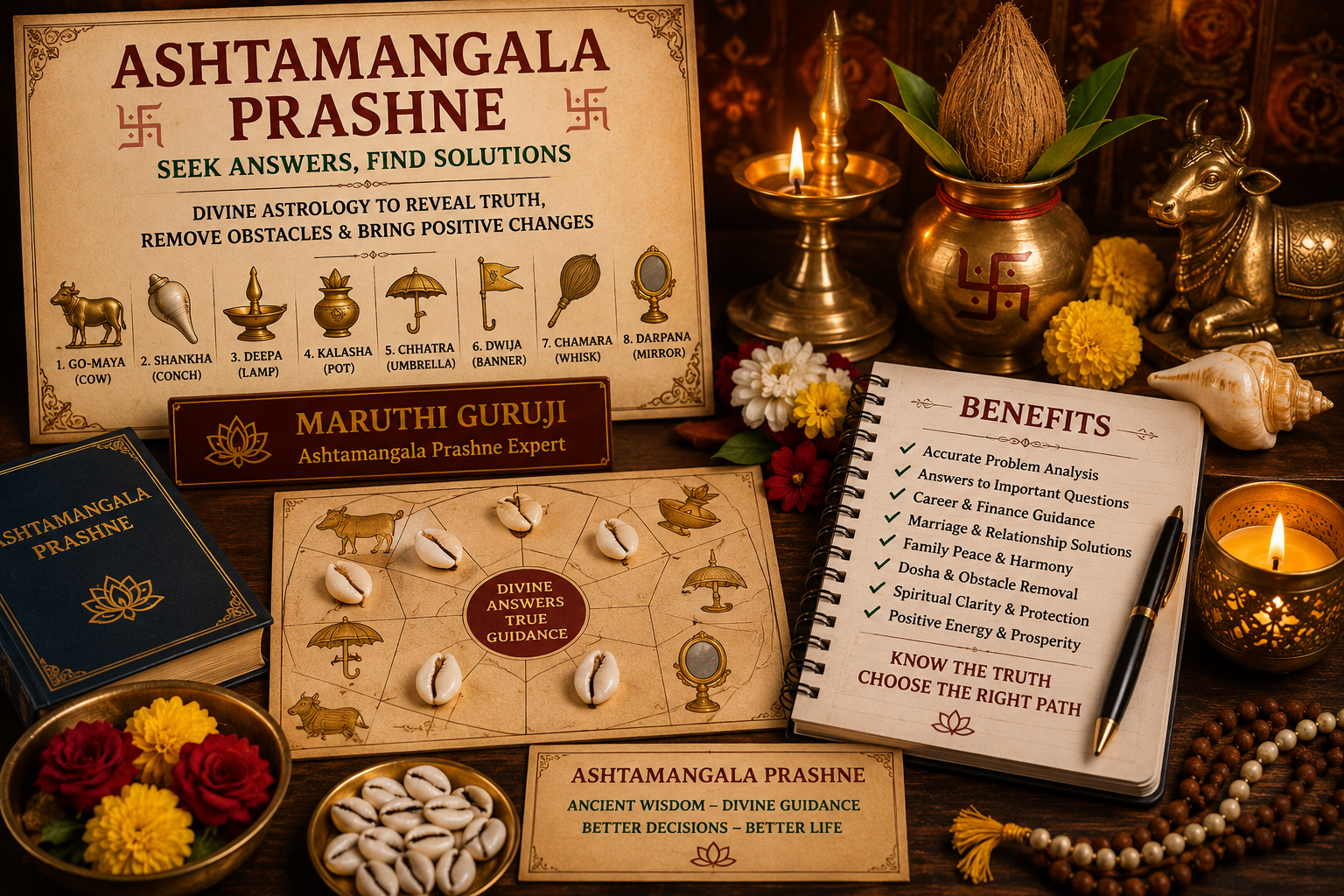 Ashtamangala Prashne setup with sacred items, cowrie shells, diya, spiritual symbols, and divine astrology guidance by Maruthi Guruji.