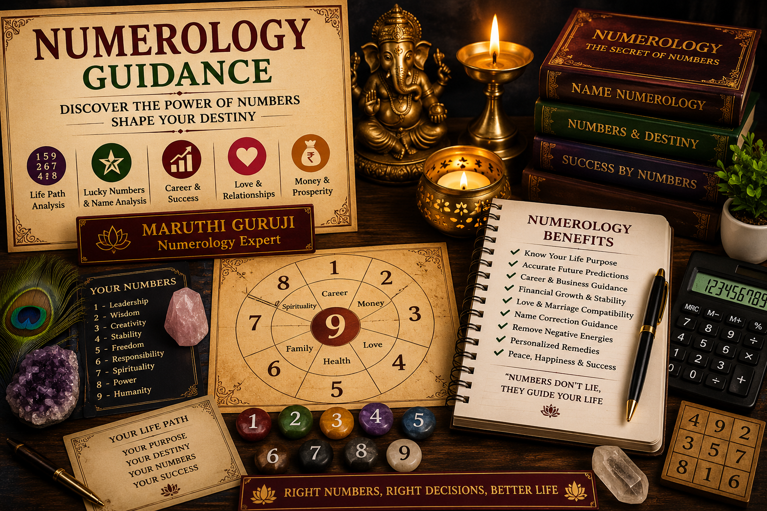 Numerology guidance setup with number chart, crystals, calculator, lucky numbers, and spiritual numerology analysis by Maruthi Guruji.