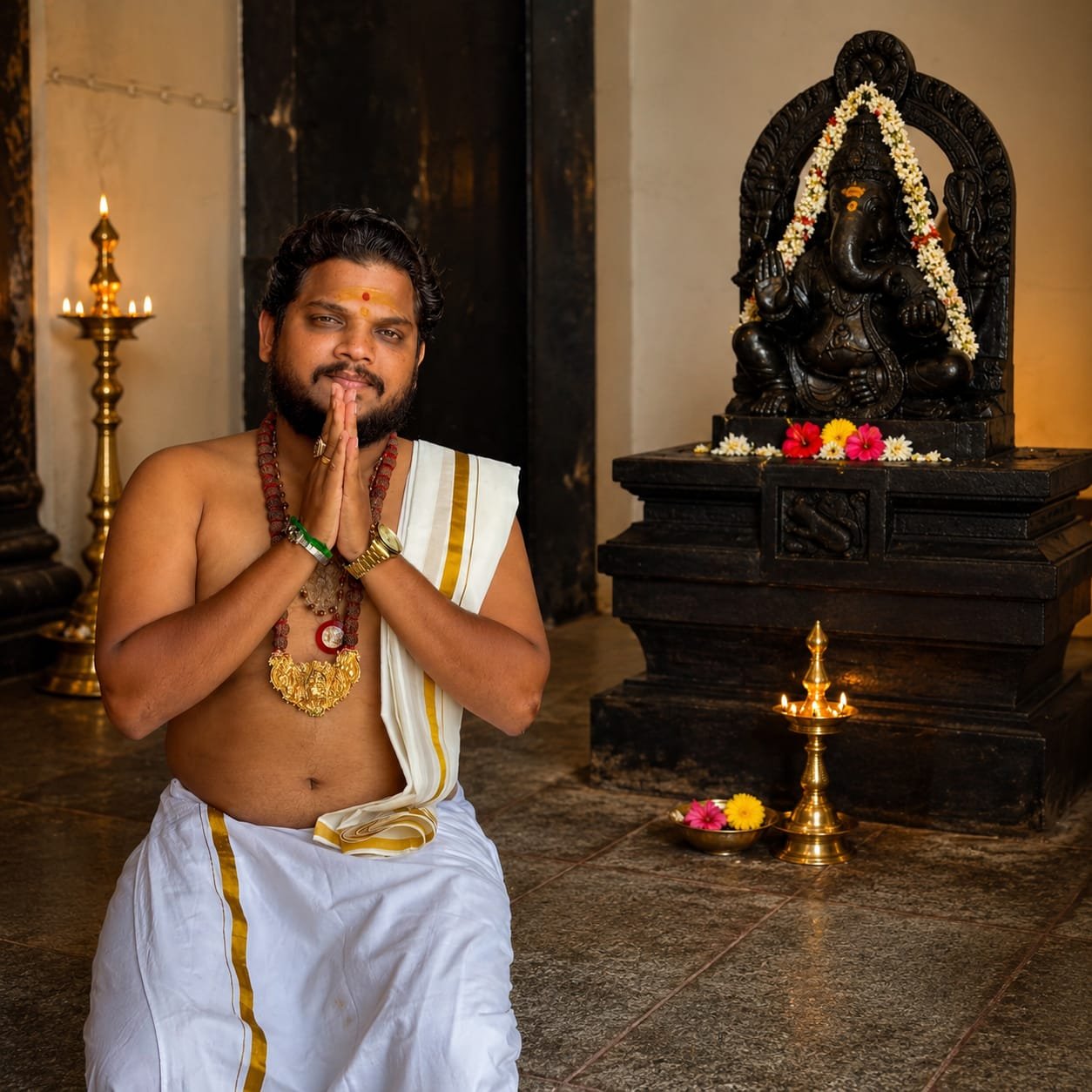 Maruthi Guruji performing traditional pooja and astrology consultation in Bangalore temple setup
